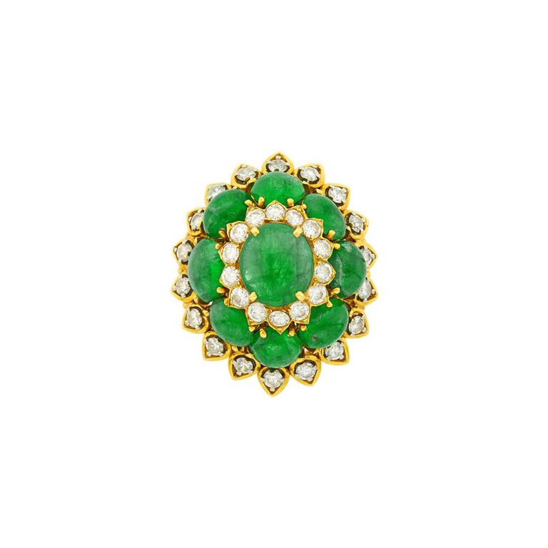 18k gold ring with cabochon emeralds and diamonds