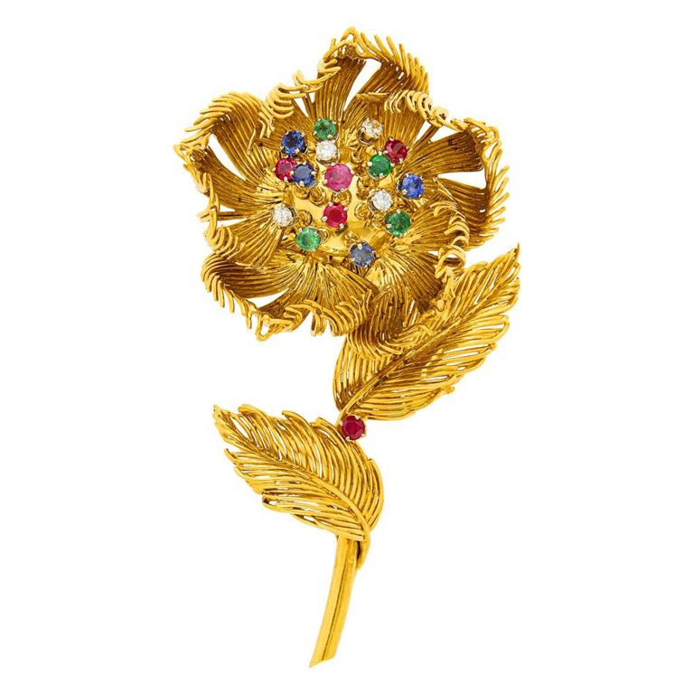Cartier gold flower clip-brooch with gem-set and diamonds