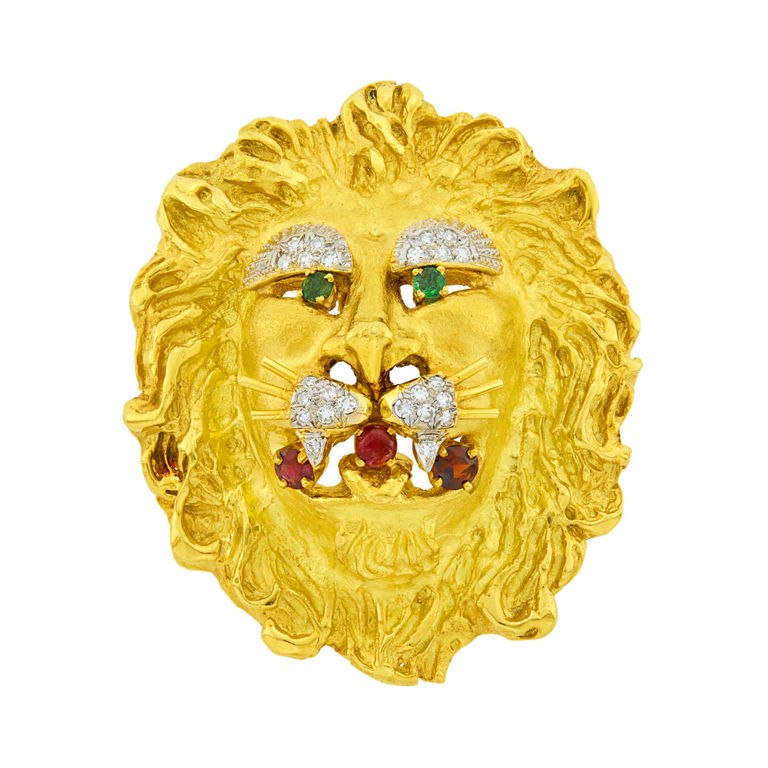 Two-color gold lion pendant-brooch with colored stones and diamonds