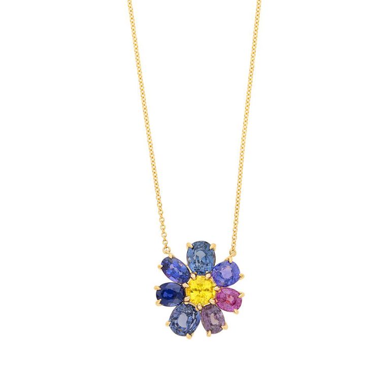 14k rose gold pendant necklace with multicolored sapphires and spinels
