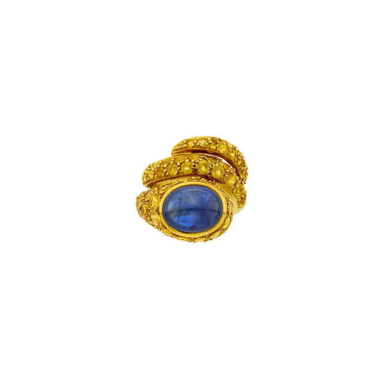 Sabbadini gold snake ring with cabochon sapphire and yellow sapphires