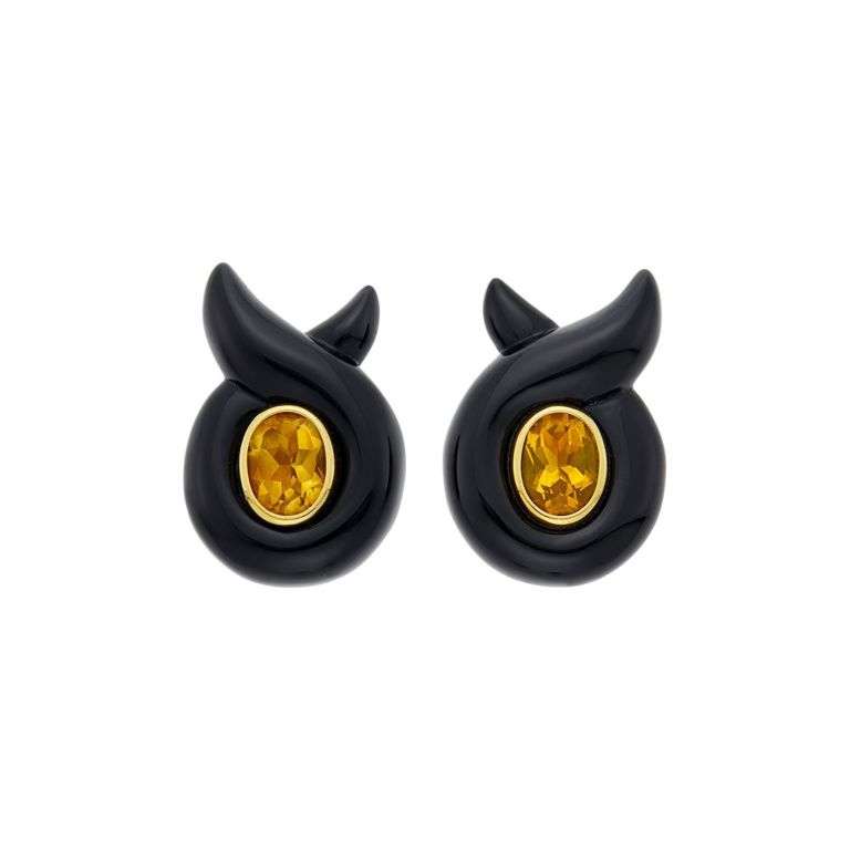 Verdura gold earclips with black onyx and citrine