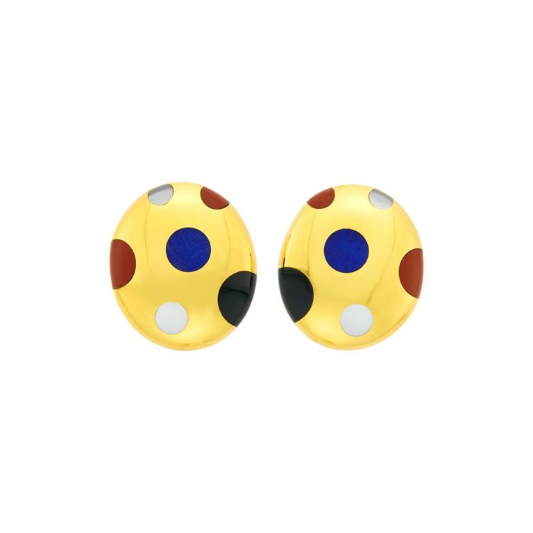 18k gold earclips with mother-of-pearl, lapis, jasper and black jade