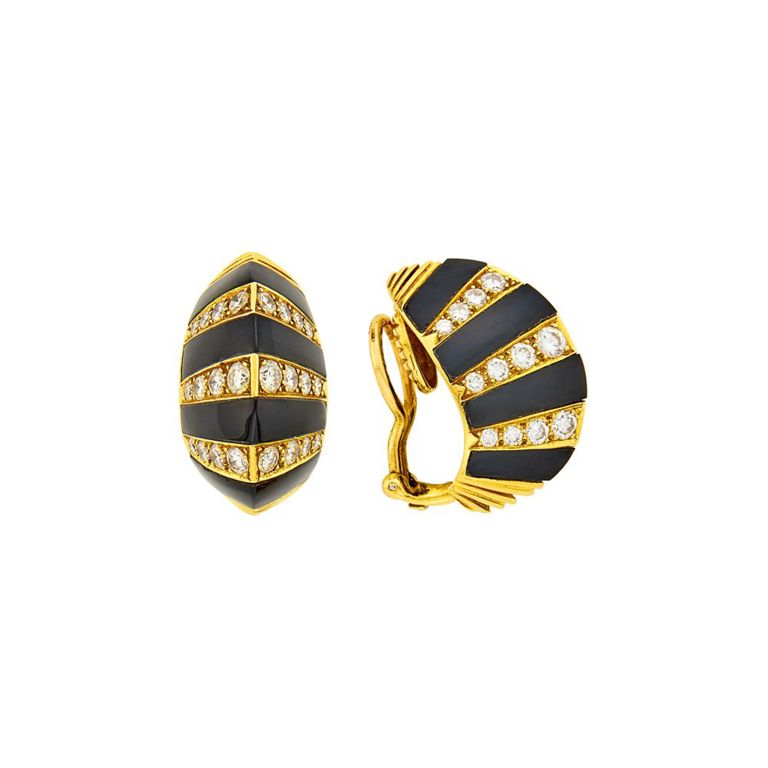 18k gold half-hoop earclips with black onyx and diamonds
