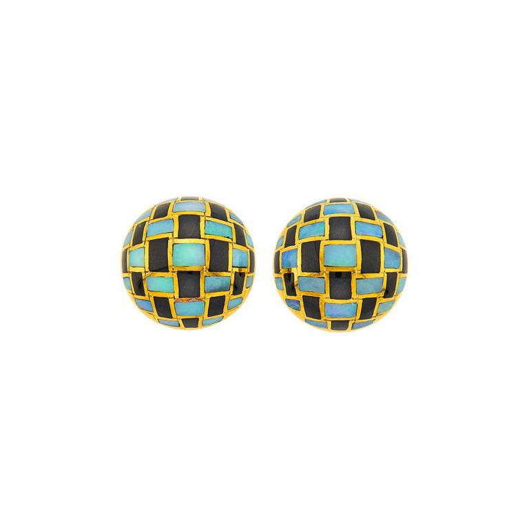 18k gold dome earclips with opal and black jade