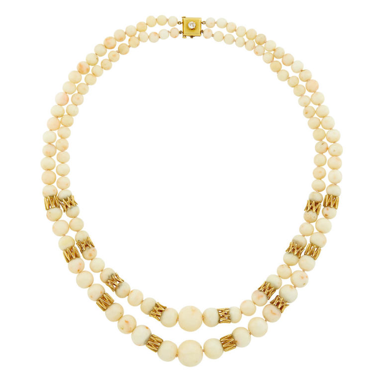 Double strand coral and gold link necklace with diamond clasp