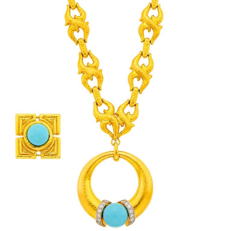 14k yellow and white gold chain necklace with turquoise and diamond pendants
