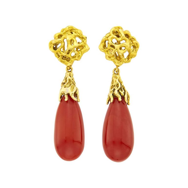 18k gold pendant-earclips with oxblood coral