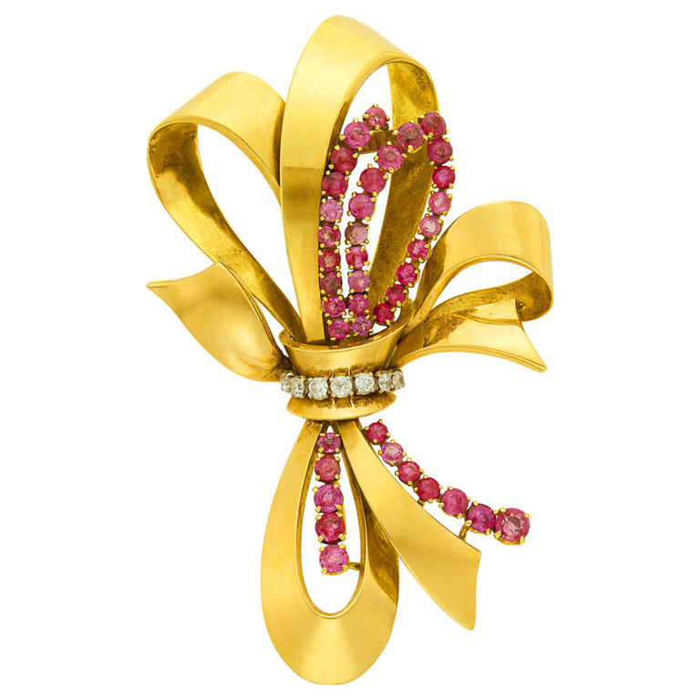 18k gold platinum ruby and diamond bow clip-brooch