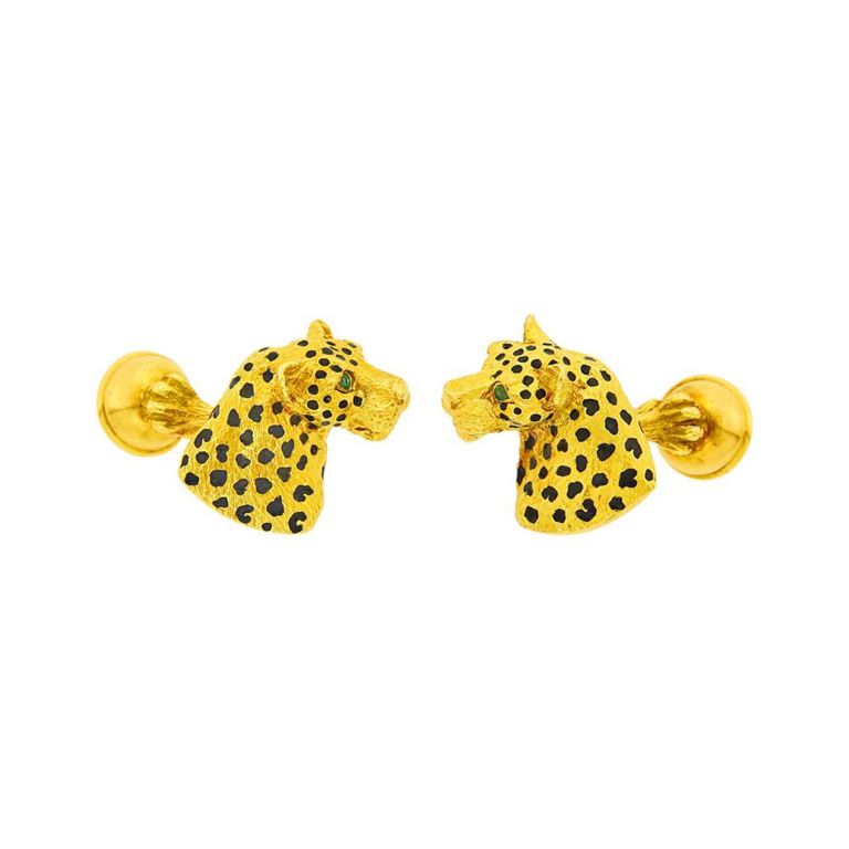 18k gold Tiffany & Co. black enamel emerald leopard cufflinks