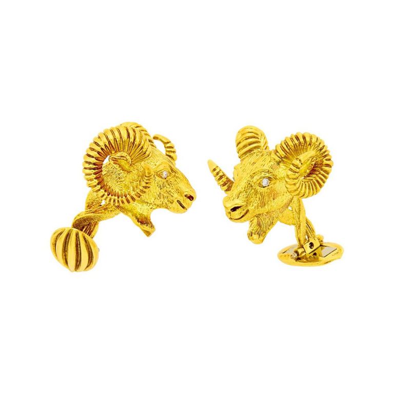 18k gold diamond ram's head cufflinks