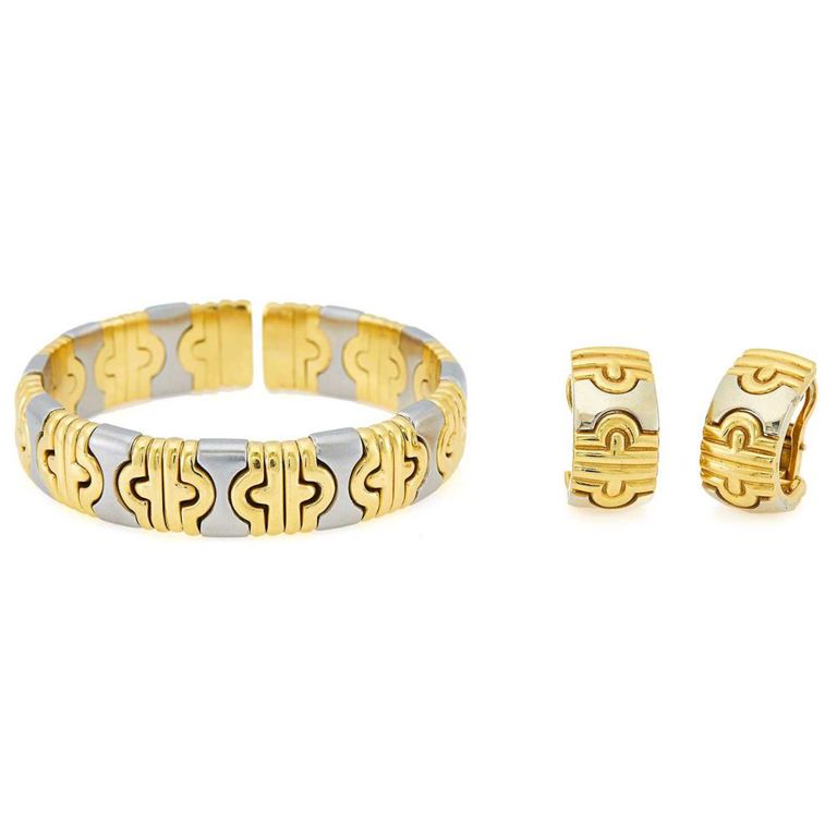 18k gold and stainless steel bracelet and half-hoop earclips