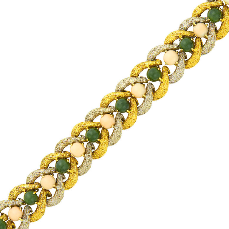 18k two-color gold coral and nephrite bracelet
