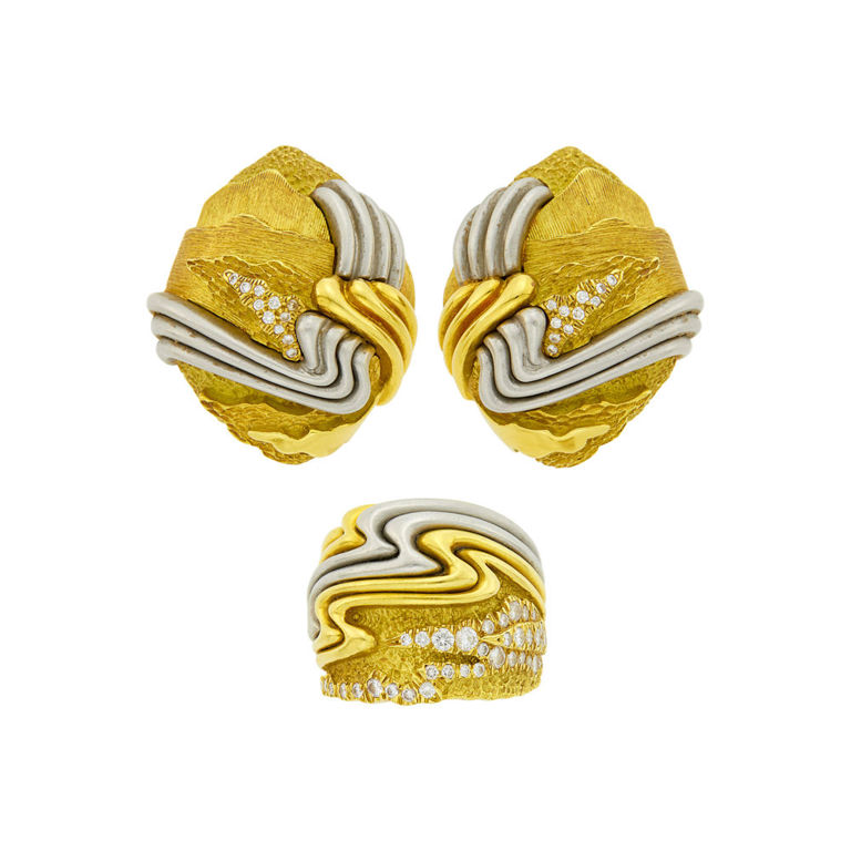 18k gold and diamond Henry Dunay earrings and ring