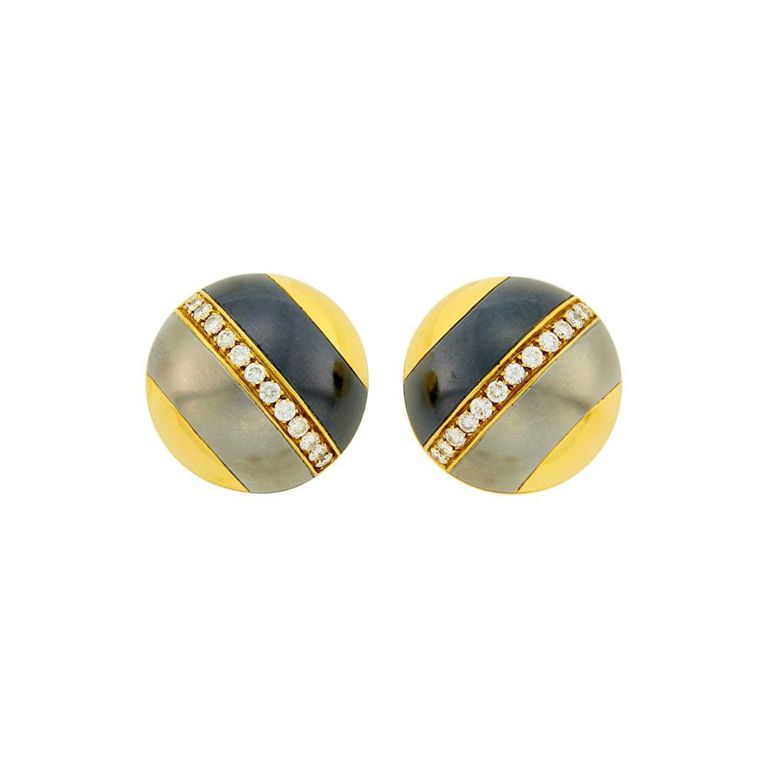 18k gold hematite stainless steel diamond bombé earclips