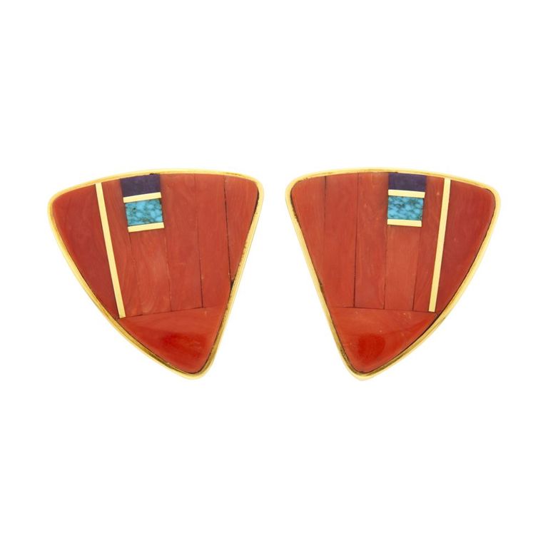 18k gold Charles Loloma spiny oyster and hardstone earclips
