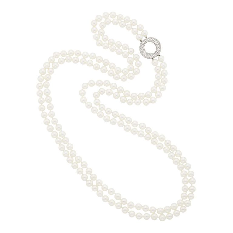 14k white gold double strand cultured pearl and diamond necklace