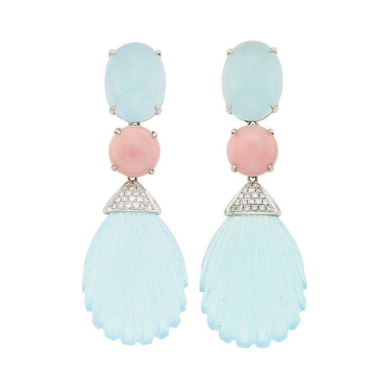 18k white gold aquamarine pink coral diamond pendant-earclips