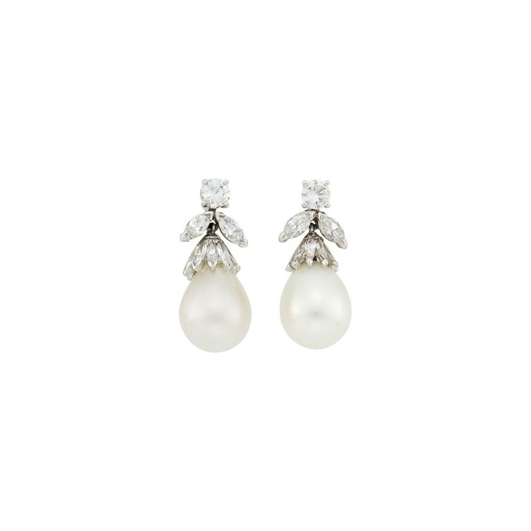 Platinum cultured pearl and diamond pendant-earrings