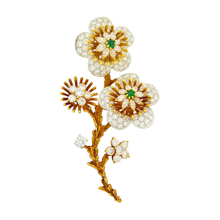 18k gold and platinum flower clip-brooch with emerald and diamond