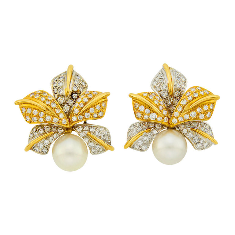 14k two-color gold earrings with cultured pearl and diamond