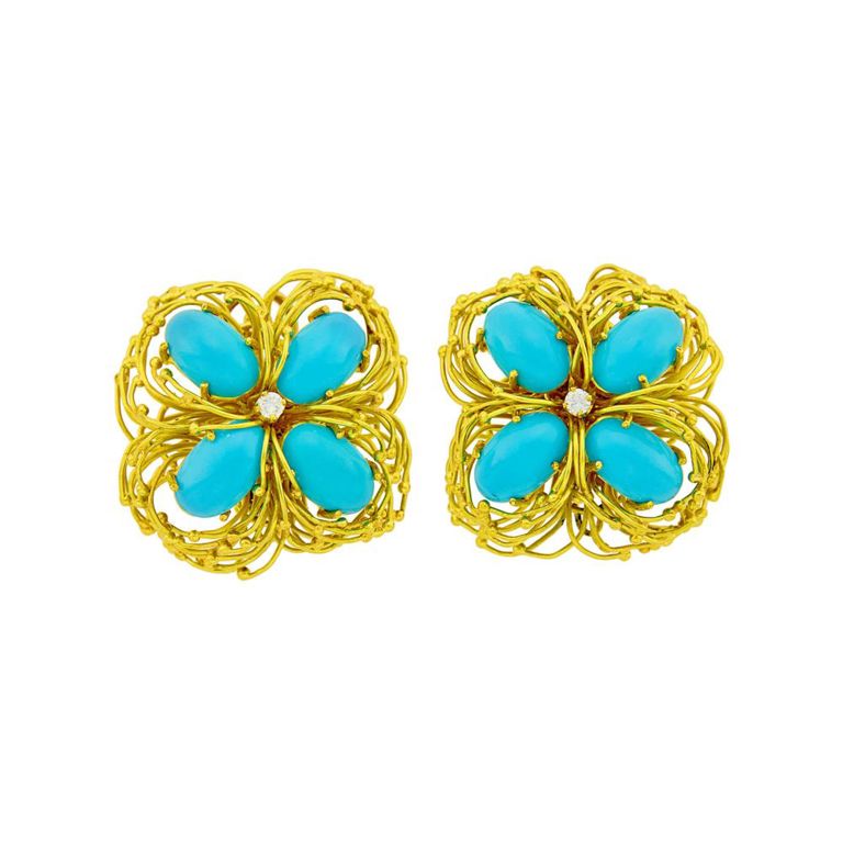 18k gold earrings with turquoise and diamond