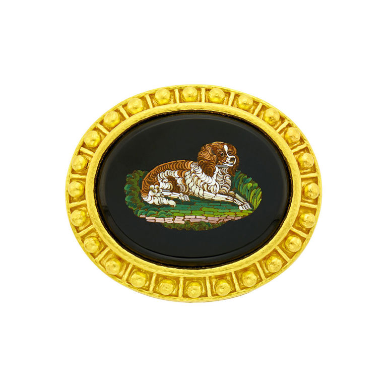19k gold pendant with black onyx and micromosaic dog