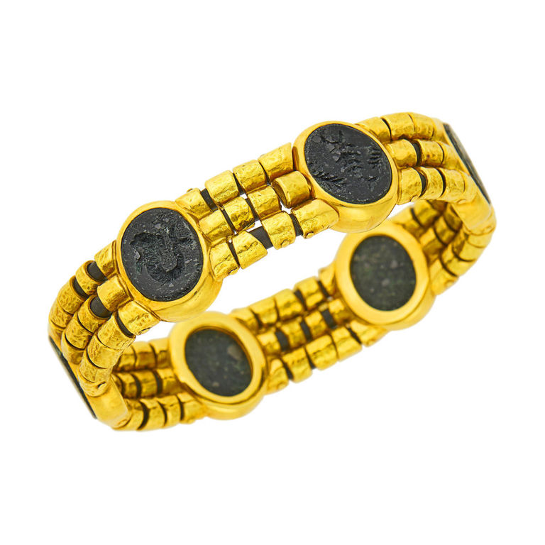 18k gold bracelet with lava rock and hammered intaglio