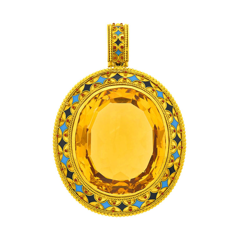 14k gold pendant with citrine and enamel