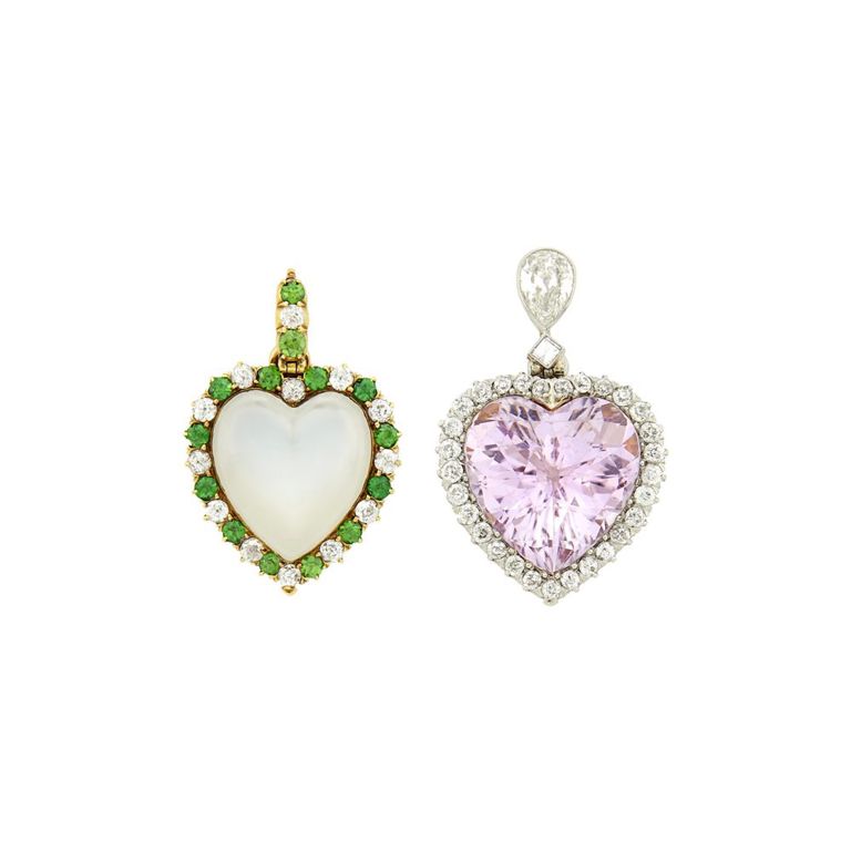 Antique moonstone, demantoid garnet, kunzite and diamond heart pendant