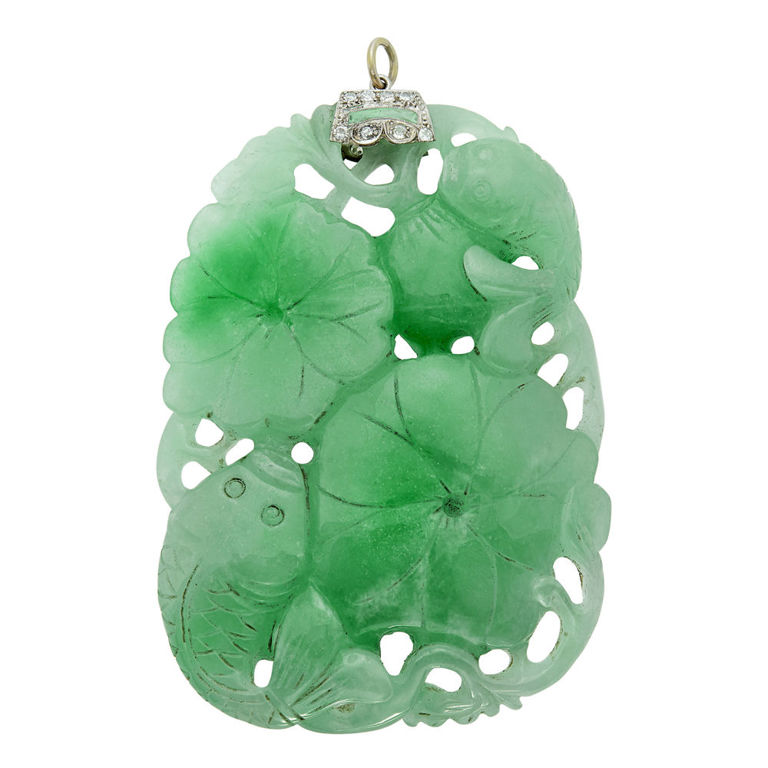 Platinum pendant with carved jade and diamond