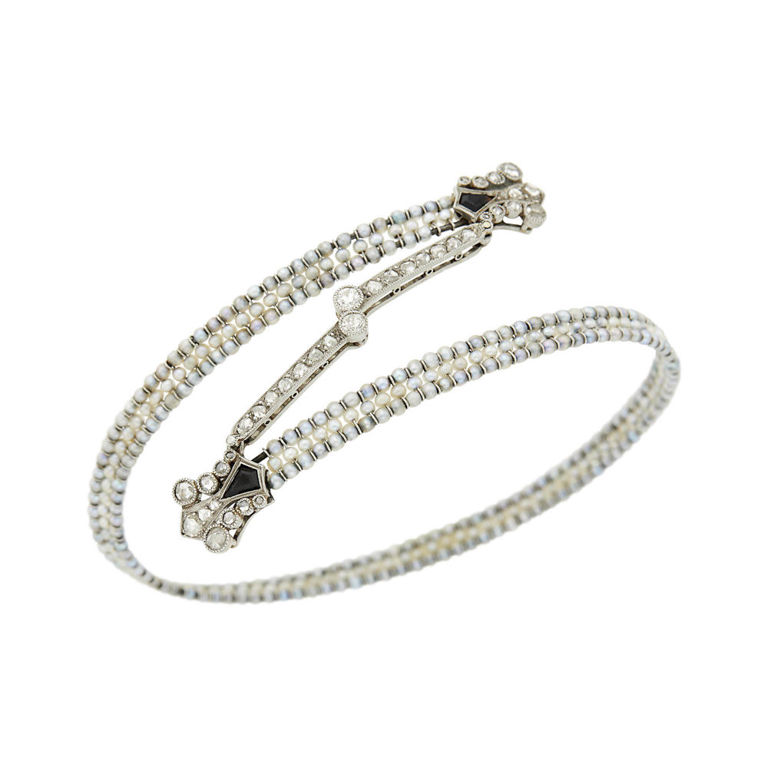 Bangle bracelet with seed pearls and diamonds