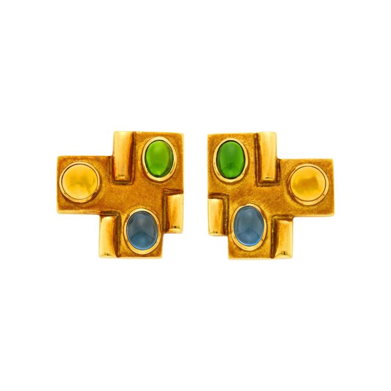 18k gold earrings with cabochon citrine, tourmaline, and blue topaz