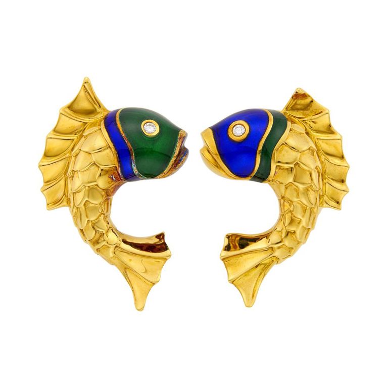 18k gold, enamel, and diamond Judith Leiber fish earclips