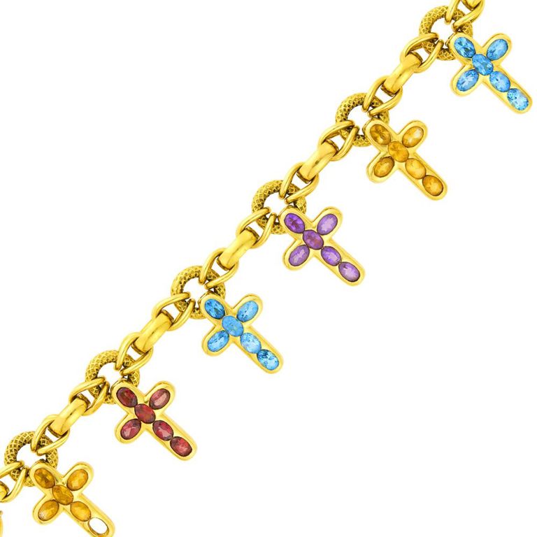 18k gold bracelet with colored stone cross charms