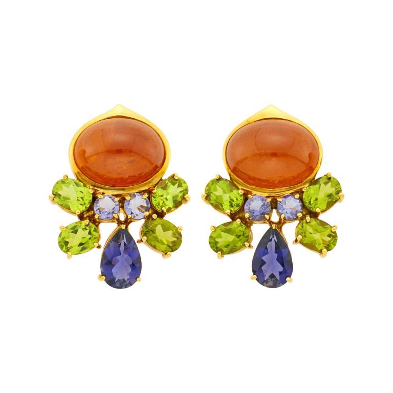 18k gold earclips with cabochon orange garnet, tanzanite and peridot