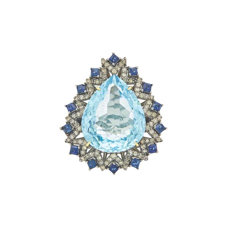 Blackened silver ring with aquamarine, diamonds and sapphires