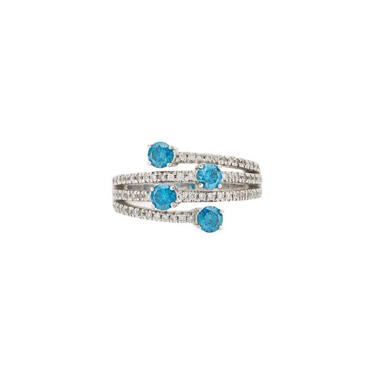18k white gold ring with treated blue diamonds and diamonds