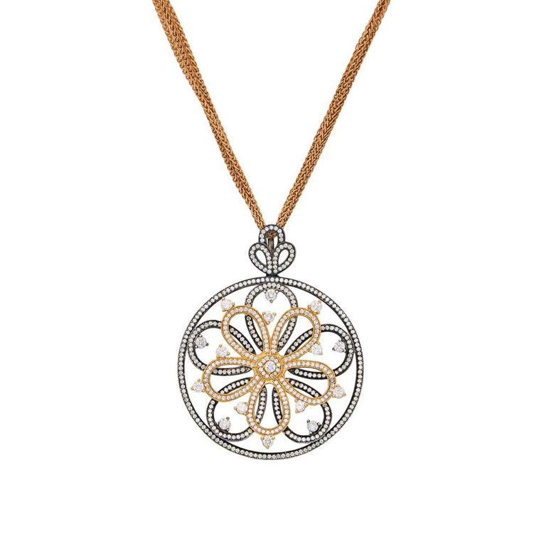 14k blackened and rose gold flower pendant with diamond triple strand chain necklace