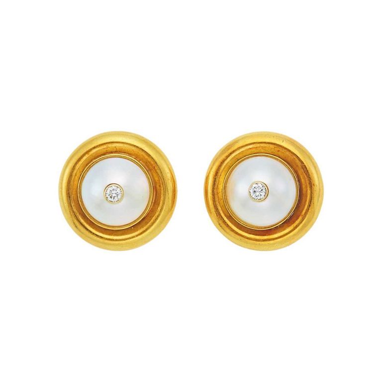 14k gold earclips with mabé pearls and diamonds