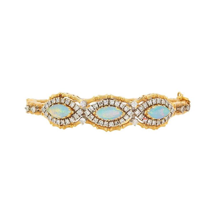 14k gold bamboo bangle bracelet with opals and diamonds