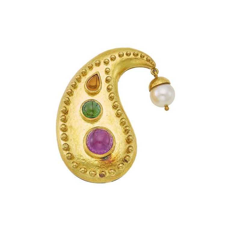 Elizabeth Locke gold brooch with gemstones and pearl