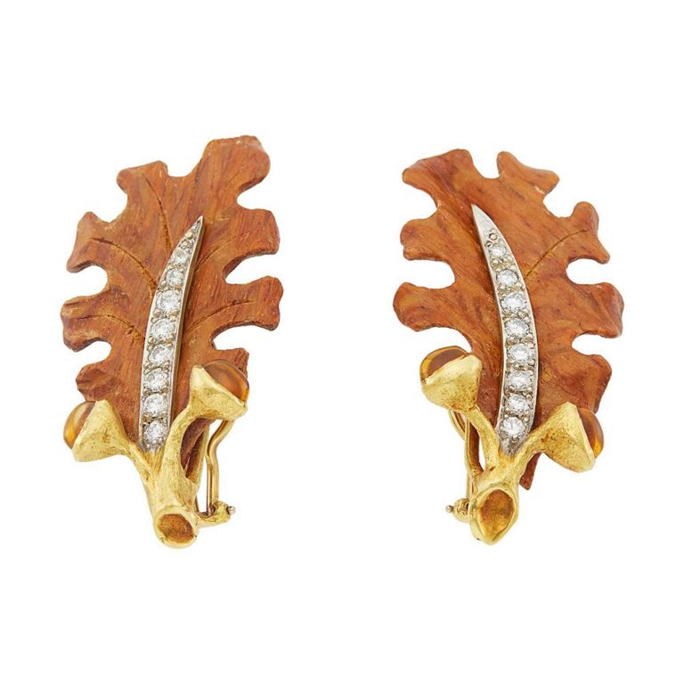 Pair of gold, carved wood, diamond, and citrine oak leaf earclips