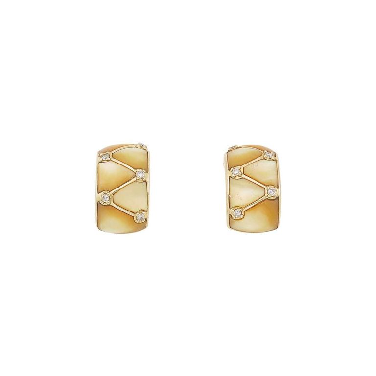 Pair of gold, yellow mother-of-pearl, and diamond half hoop earrings