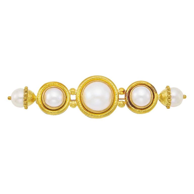 Elizabeth Locke hammered gold, mabé pearl, and cultured pearl bar brooch