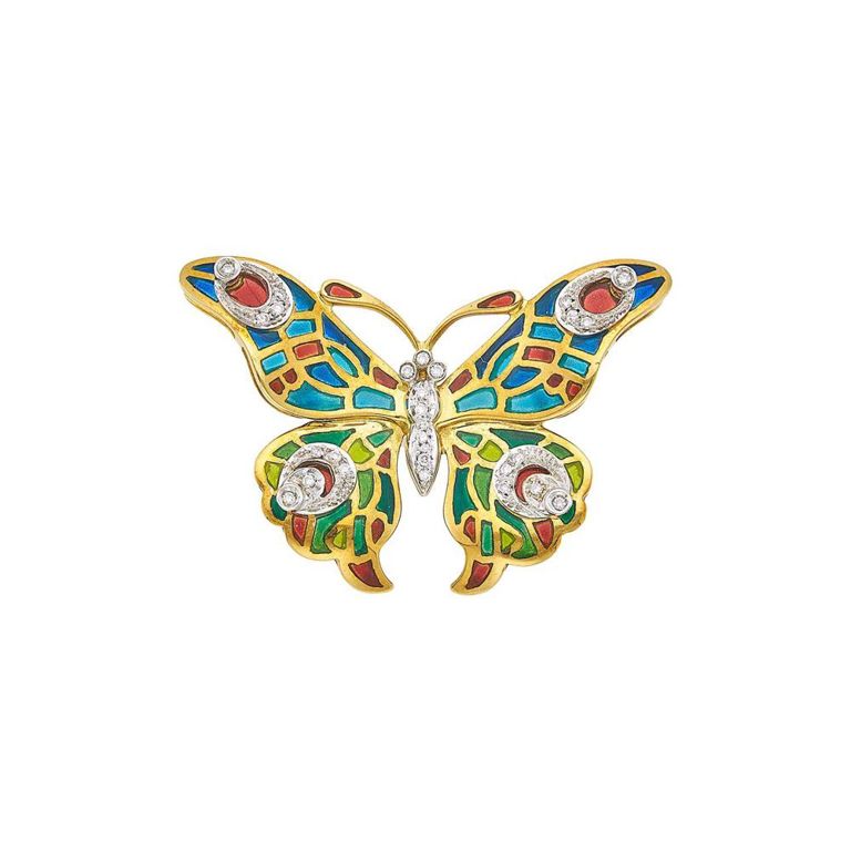 Two-color gold, plique-à-jour enamel, and diamond butterfly brooch