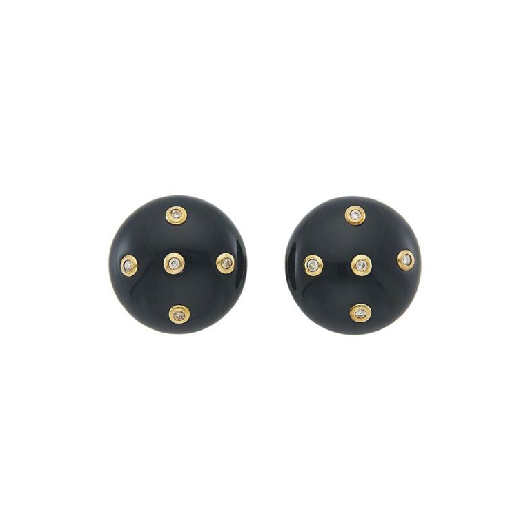 Pair of gold, black onyx and diamond button earrings