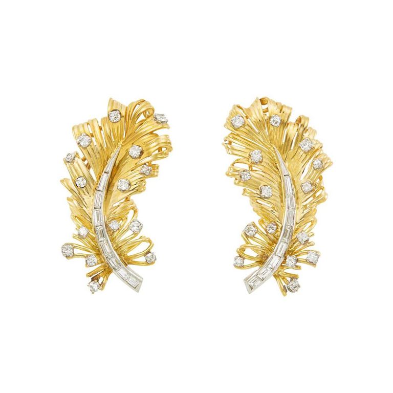 Pair of gold and diamond feather earrings