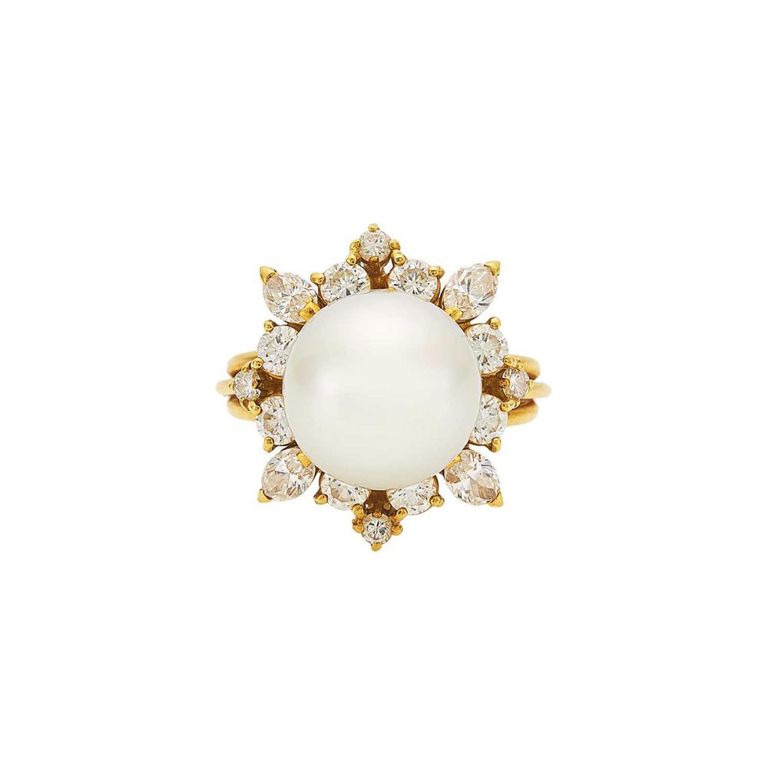 Gold, cultured pearl and diamond ring