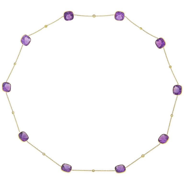 Long gold, amethyst and colored diamond chain necklace